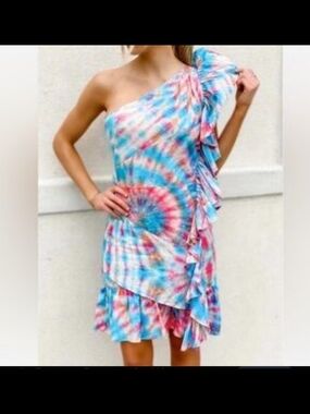 One-Shoulder Tie-Dye Ruffle Dress in Blue & Pink